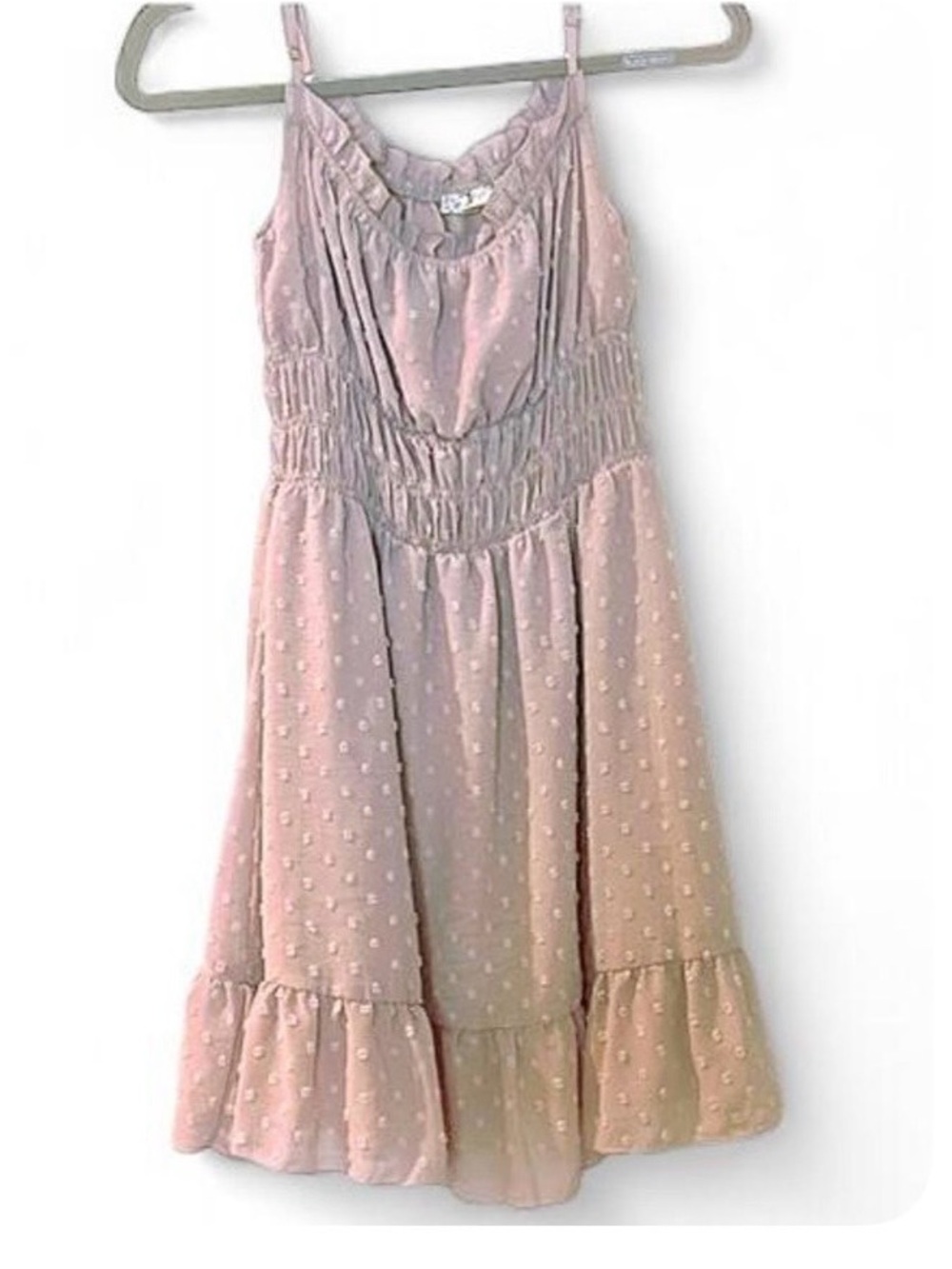 Endless Blu Pink Clip Dot Smocked Mini Dress Ruffle Hem Adjustable Strap Size S